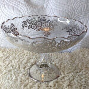 ANTIQUE/VTG Etched w/Silver Glass Compote Bowl. Cambridge; flowers, traditional